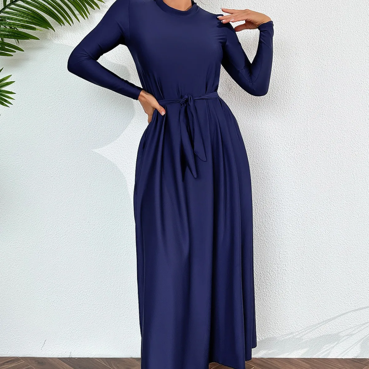 

Новый мусульманский консервативный купальник 2026 года, однотонный, с длинными рукавами и брюками, для защиты от солнца, для пляжа, комплект