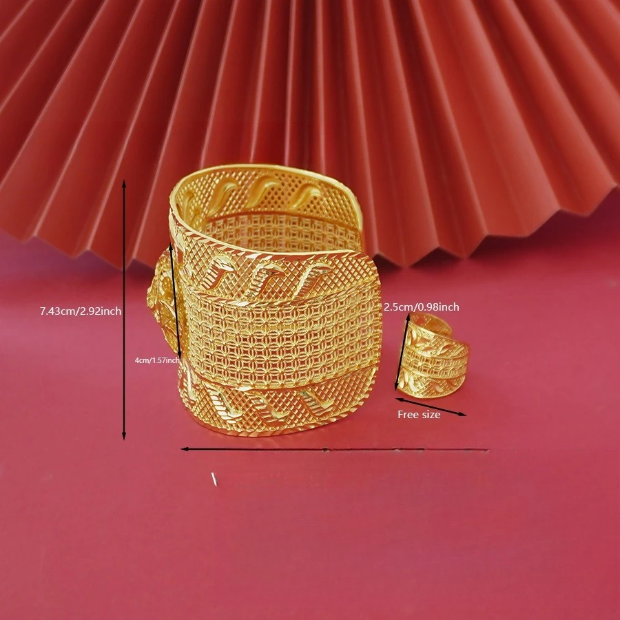 9999 gold Middle East high-end design ladies' open-weave cuff bracelet and ring, luxurious bridal jewelry accessory from Dubai