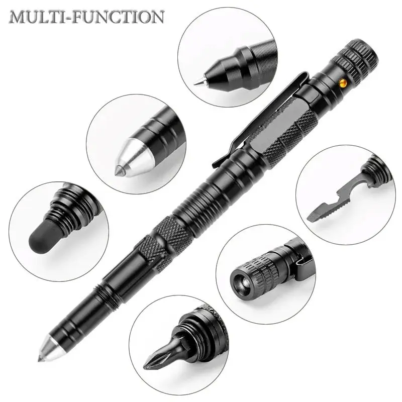 Multi Function Tactical Pen Outdoor Survival Self Rescue EDC Tool Emergency Flashlight Screwdriver Bottle Opener Window Breaker