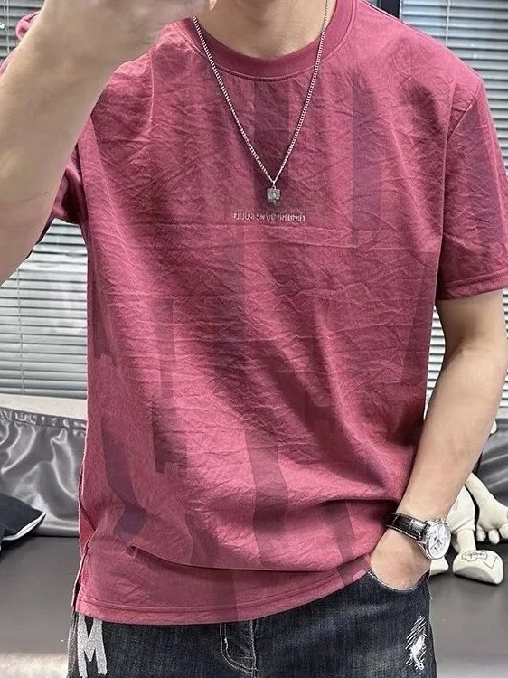 Men's Cotton Linen Short Sleeve T-Shirt Summer New Style Letter Print Loose Fit Breathable Fashionable Casual round Neck Tee