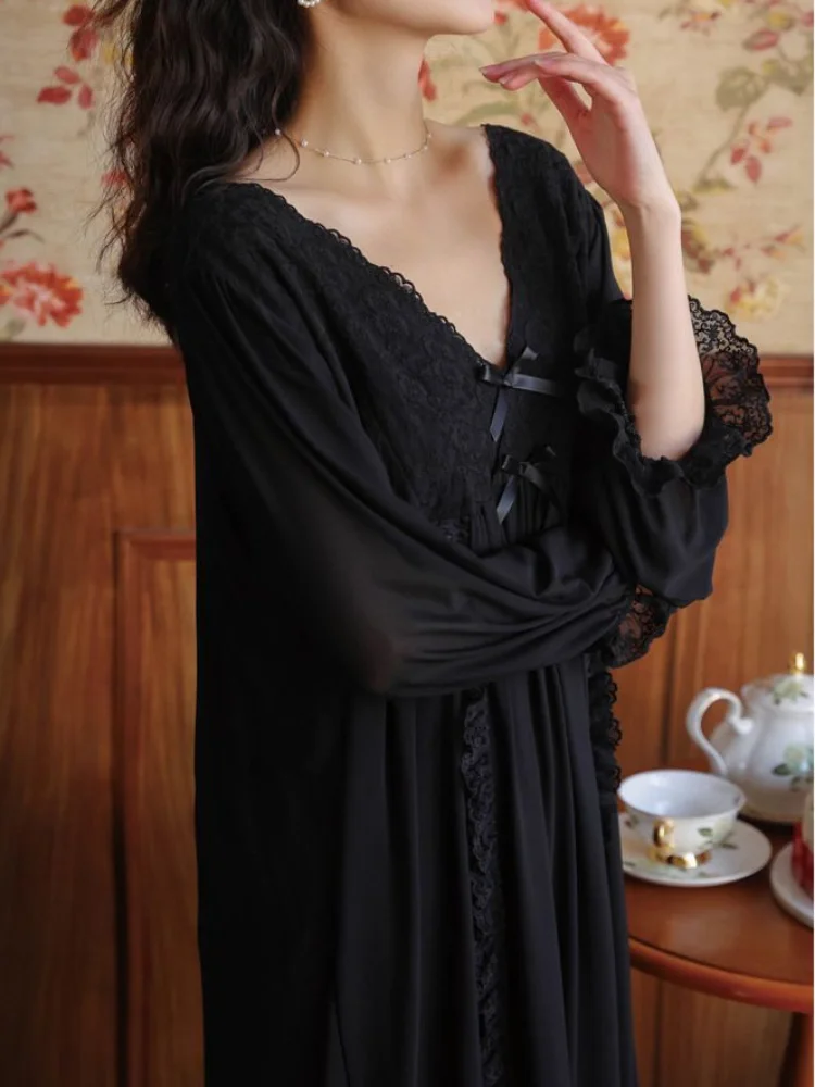 Nightgowns Women Black Elegant Baggy Casual Sleepwear Hot Sale Aesthetic Bow Design Autumn Female Popular V-neck Harajuku Lounge