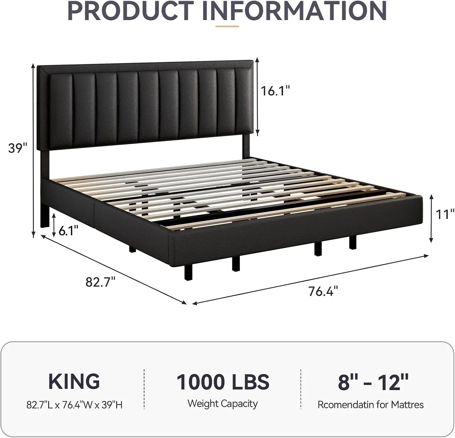 King Size Floating Bed Frame with LED Lights, Upholstered Platform Bed with Headboard, 11 in Storage Clearance, Solid Wood Slats