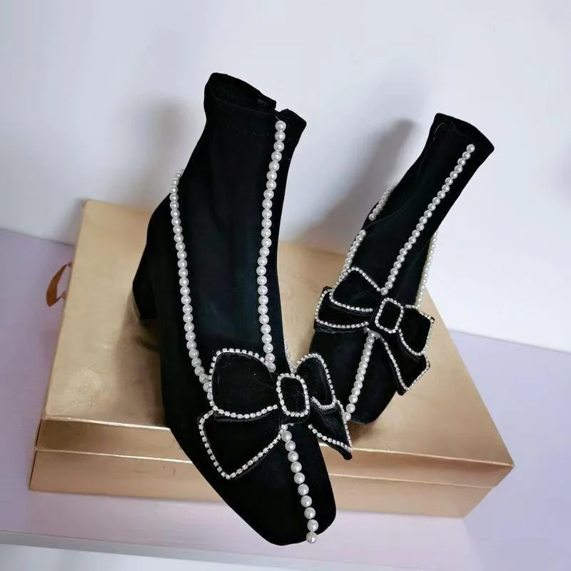 Square head beaded rhinestone accessories Banquet Party heel boots Handmade black velvet women's single boots 35-40