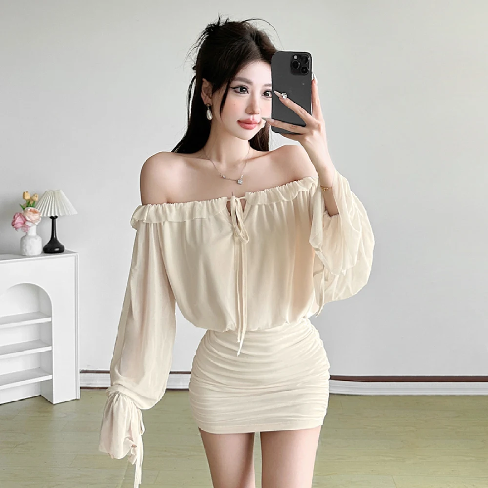 SylCue elegante mini-jurk met ruches, damesruches, plooien, schuine hals, rugloze uitlopende mouwen, mager, perzik, heup, eenvoudig basic bodycon