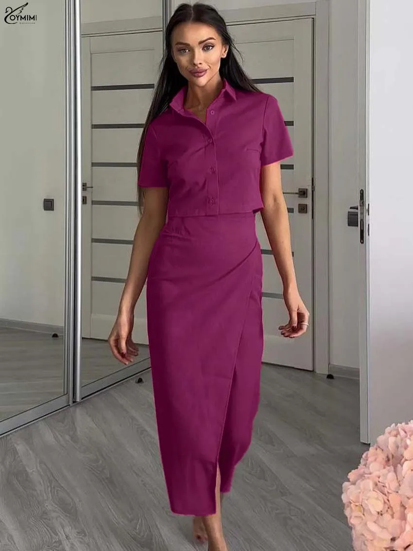 

Oymimi Casual Magenta Woman Two Piece Set Elegant Short Sleeve Button Open Back Shirts + High Waist Lace-Up Sdie Slit Skirts Set