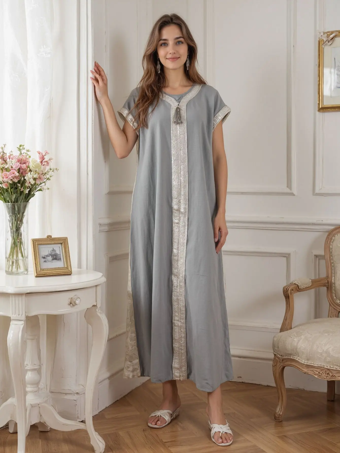 ชุดเดรสยาวแบบอาบายะห์สำหรับผู้หญิง ผ้าต่อหน้าหลัง แต่งลูกไม้สีเงิน ดีไซน์หรูหรา สไตล์อิสลาม แฟชั่นดูไบ