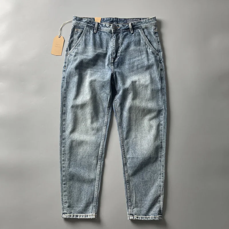 

Heavyweight Pure Cotton Men's Straight Leg Jeans No Stretch Light Blue Slim Fit Casual Retro American Sle Trendy Brand