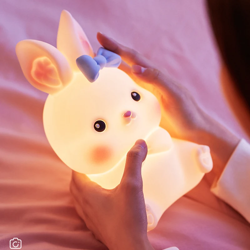 Cartoon LED Night Lights Cute Bunny Rabbit USB Rechargeable Touch Switch Remote Eye Care Bedroom Decoration Desktop Table Lamp