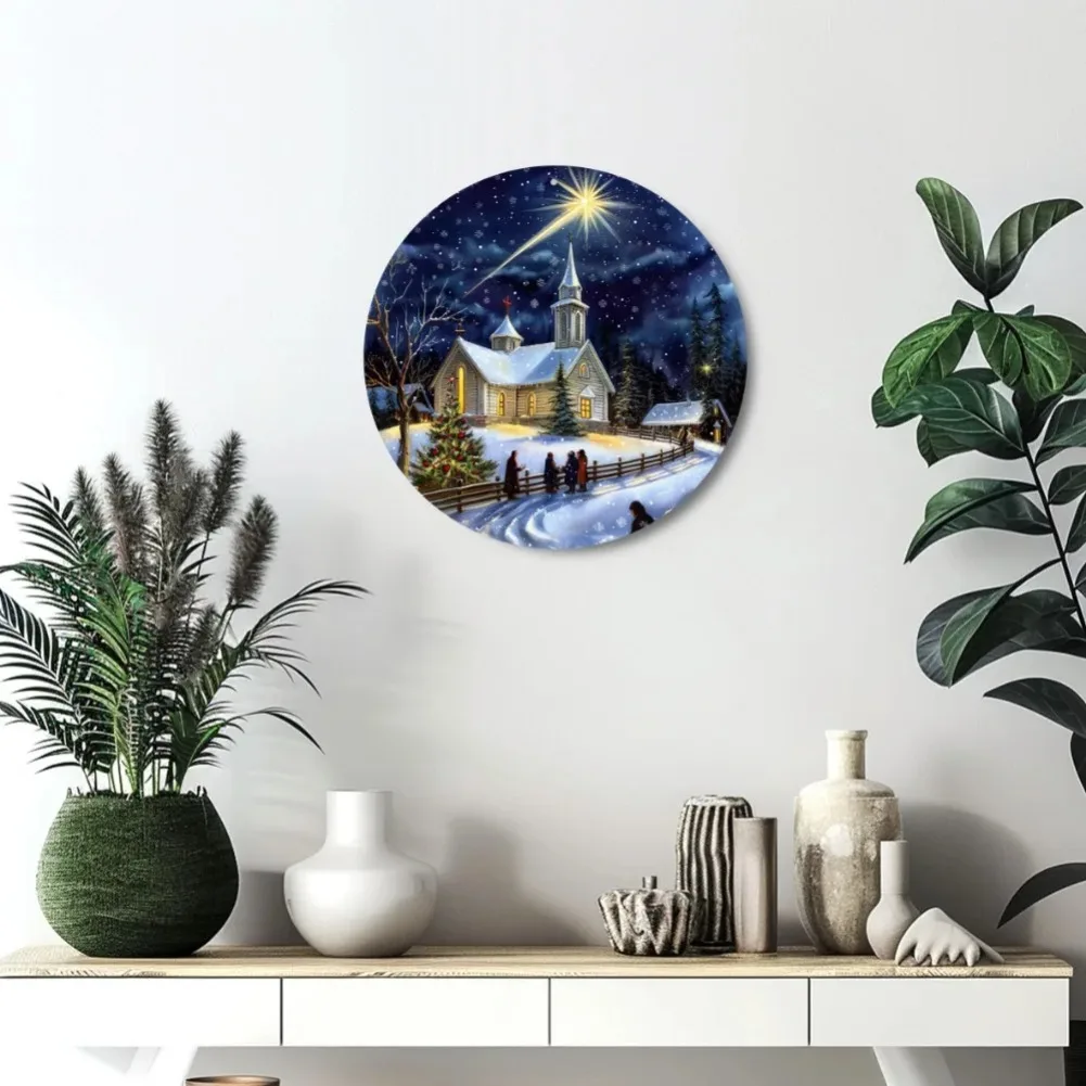 علامة ألومنيوم ساحرة للمشهد الليلي لعيد الميلاد، ديكور حائط معدني مستدير للمنزل والمكتب، هدية مثالية للعطلات