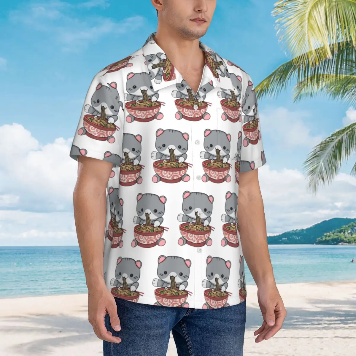 

Kawaii Ramen Cat Hawaiian Shirts Fashion Men Short Sleeve Shirt for Summer Beach Men's Lapel Tops