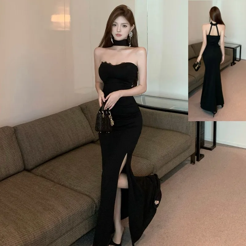 프랑스 사교계 시크 블랙 스트랩리스 홀터넥 이브닝 드레스 여성 우아한 레이스 섹시 백리스 바디콘 슬릿 정장 드레스 신상