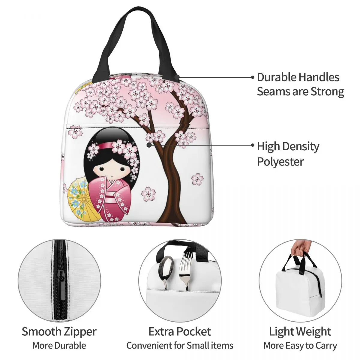 Japanese Spring Kokeshi Doll Insulated Lunch Bag Portable Meal Container Cooler Bag Lunch Box Tote Work Outdoor Food Handbags