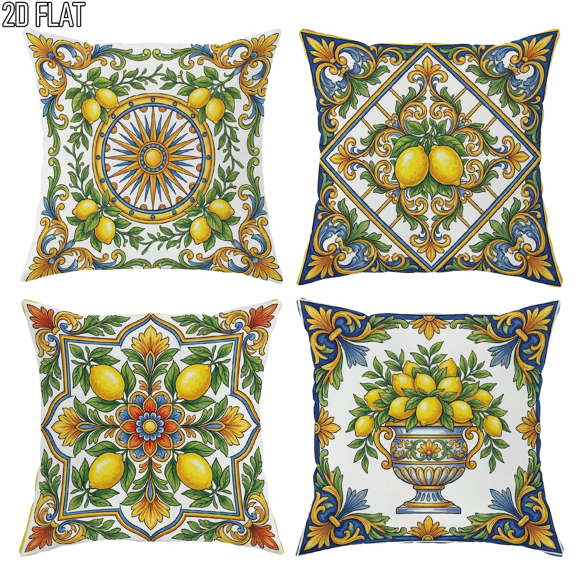 Elegant Lemon Citrus Floral Print Throw Cushion Covers Set of 4 Decorative Pillowcase Home Decor 40x40cm Mediterranean Style