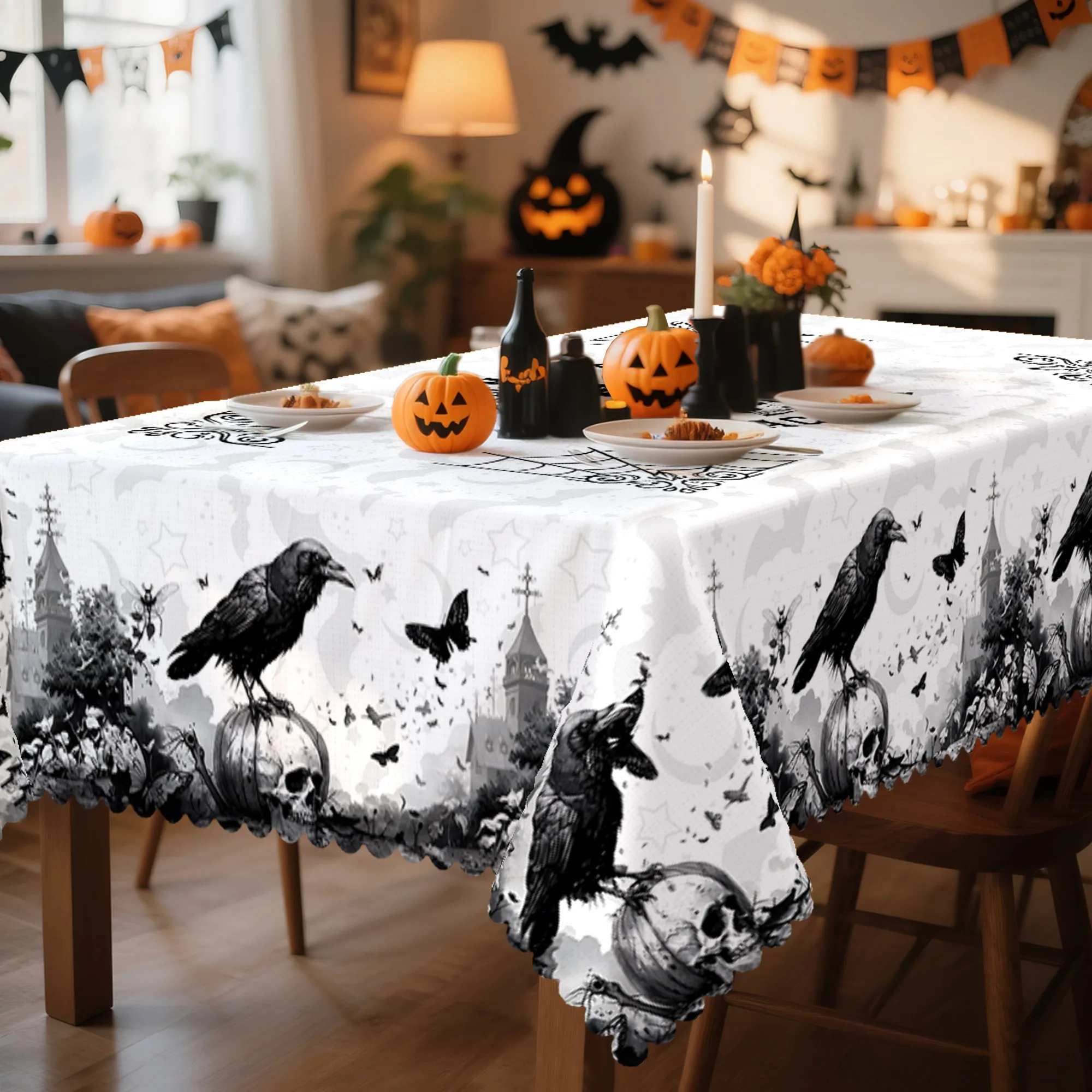 Happy Halloween Tablecloth, featuring black crows, butterflies, skulls and a castle designzyc