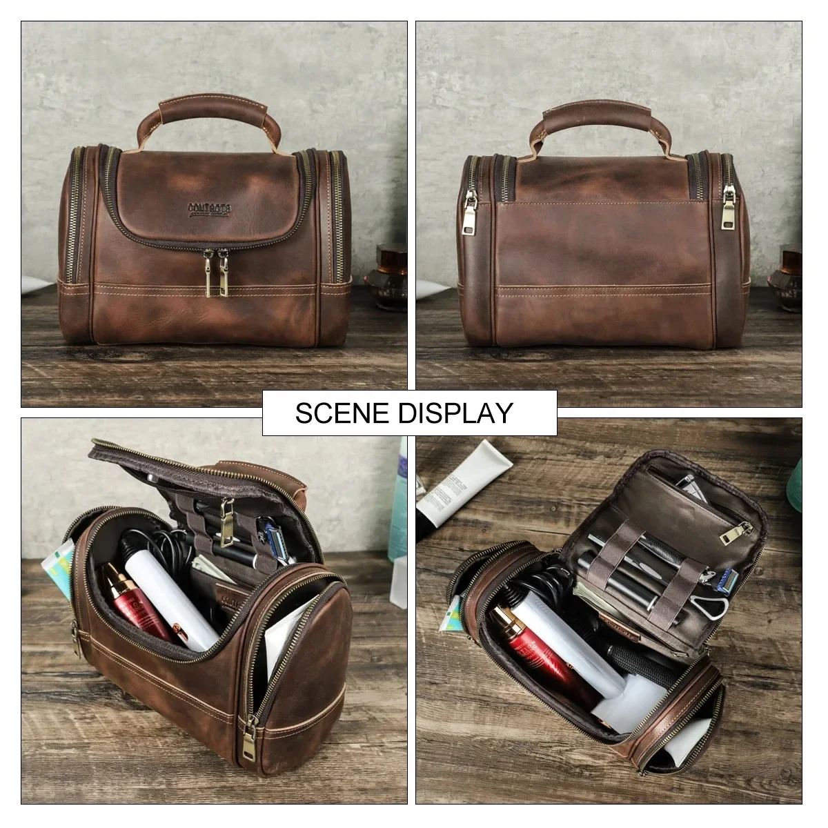 High Quality Men Business Travel Wash Toiletry Bag Crazy Horse Leather Washing Tool Storage Bag Cosmetics Handbag