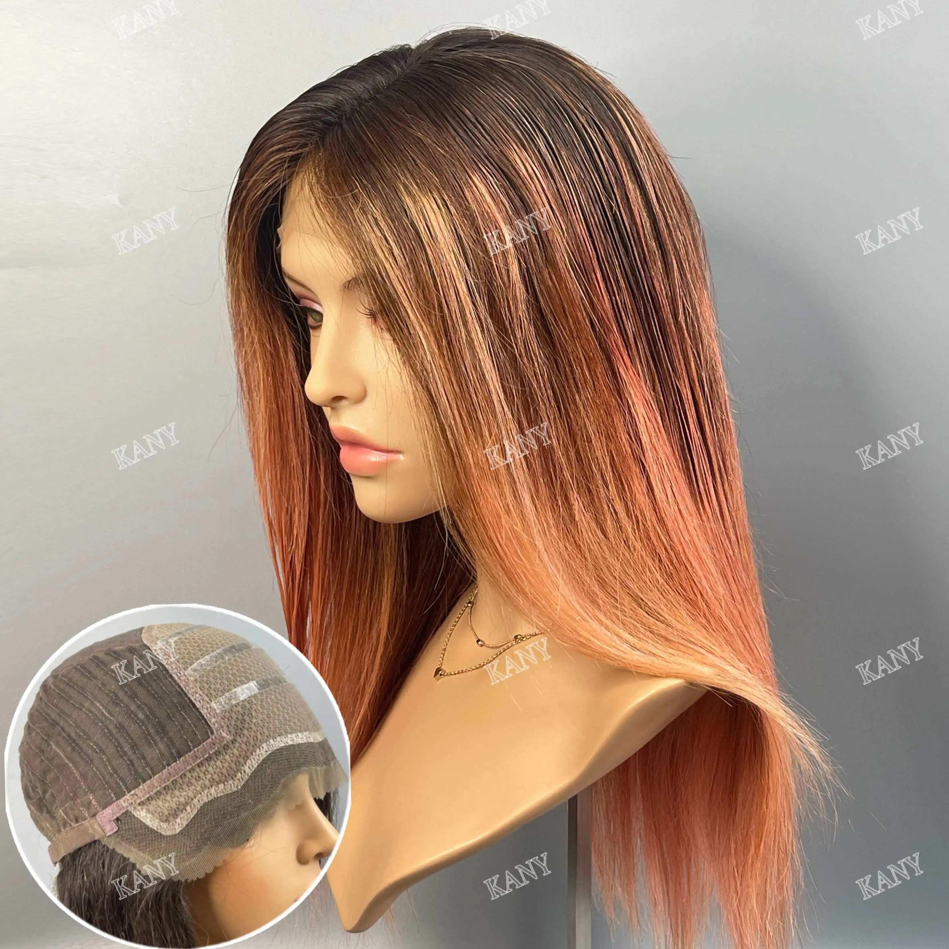 2026 Glueless Brown Root to Peach Pink Ombre Straight Wig 100% Human Hair 13x6 Lace Front Silicone Non-Slip Grip For Women