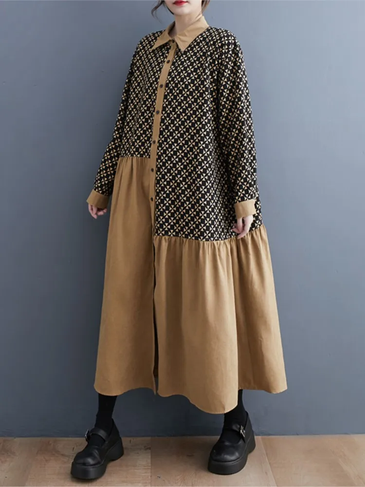 Robe chemise longue à carreaux pour femmes, surdimensionnée, Patchwork, mode dames, ample, manches longues, automne