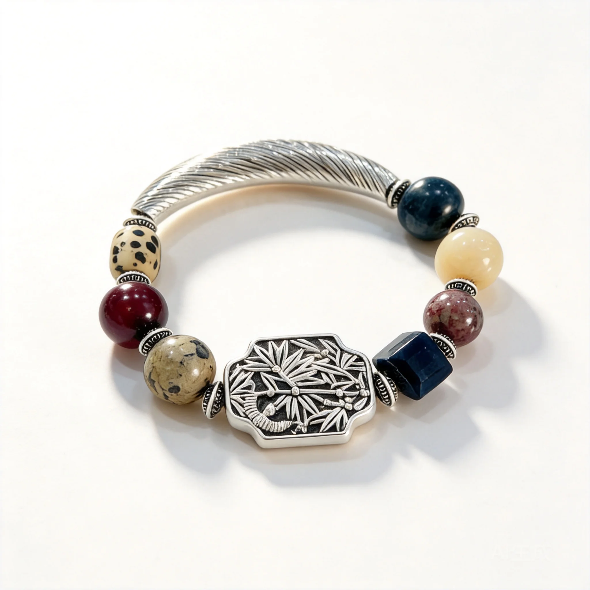 Chinese Style Bamboo Engraved Blessing Natural Stone Beaded Bracelet Good Fortune Rising Vintage Multi Gemstone Bracelet For Wom