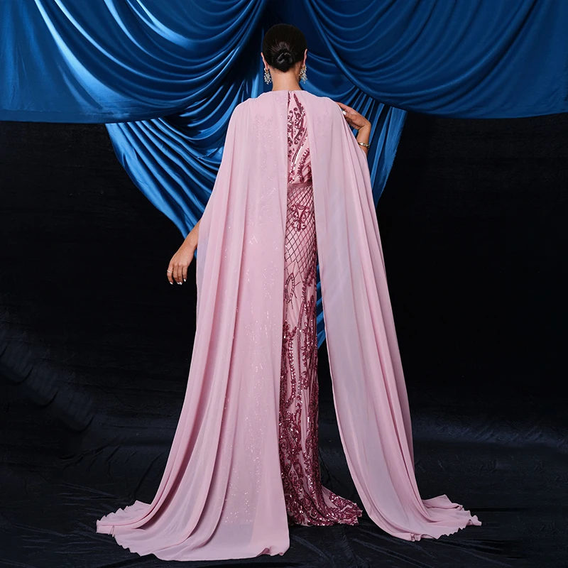 Vestidos rosa femininos manga voadora o pescoço lantejoulas ocasião formal cocktail baile de formatura festa noite longo maxi vestido 2025