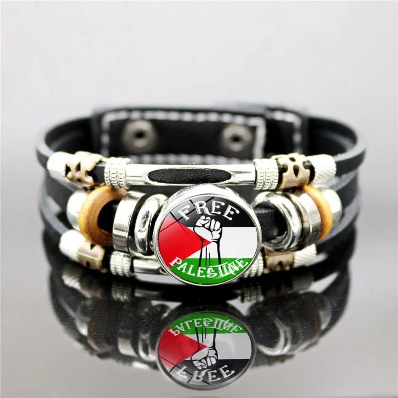 Men Gothic Bracelet Charm Handmade Nation Flag Symbol Pattern Glass Beads Leather Bracelets & Bangles Jewelry Gift