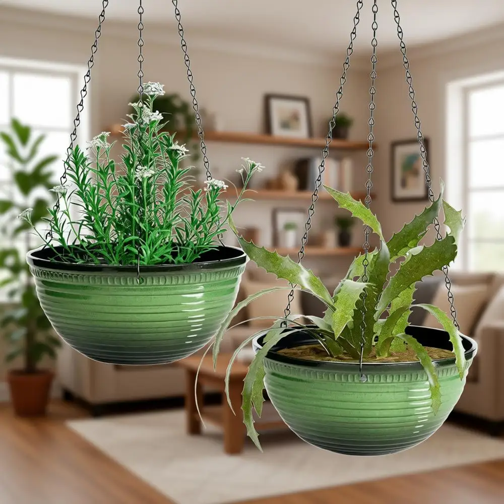 

2 Pack 12 Inch Large Hanging Planters with Drainage and Chain for Indoor/Outdoor Use, Green