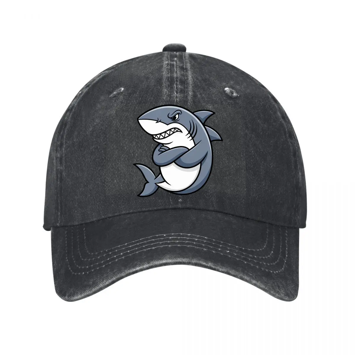 Fierce Shark With Folded Arms Cartoon Illustration Washed Baseball Cap Outdoor Hat