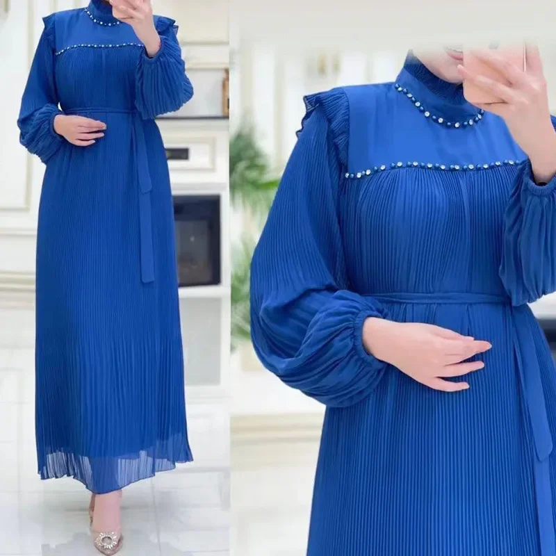 Elegante temperamento donne Dubai Abaya caftano turchia Islam abito musulmano Solid Lantern Sleeve Abaya per le donne caftano con cintura