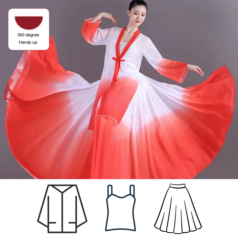 NONE 3-teiliges Set Damen Elegantes Klassisches Tanzkleid mit Oberteil, Trägerkleid, Volkstanz-Farbverlauf-Tanzrock, Ballett-Tanzkostüm 4