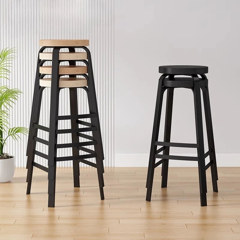 

Stackable Solid Wood Bar Stool Home High Footstool Bar Chair KTV Milk Tea Shop Counter Round Stool with Wood Seat Board