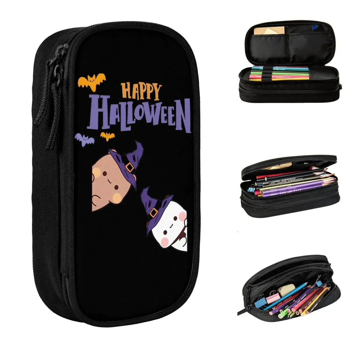 

Cute Happy Halloween With BuBu Panda And DuDu Bear Pencil Cases Pencil Pouch Pen for Student Large Storage Bags Office Gifts