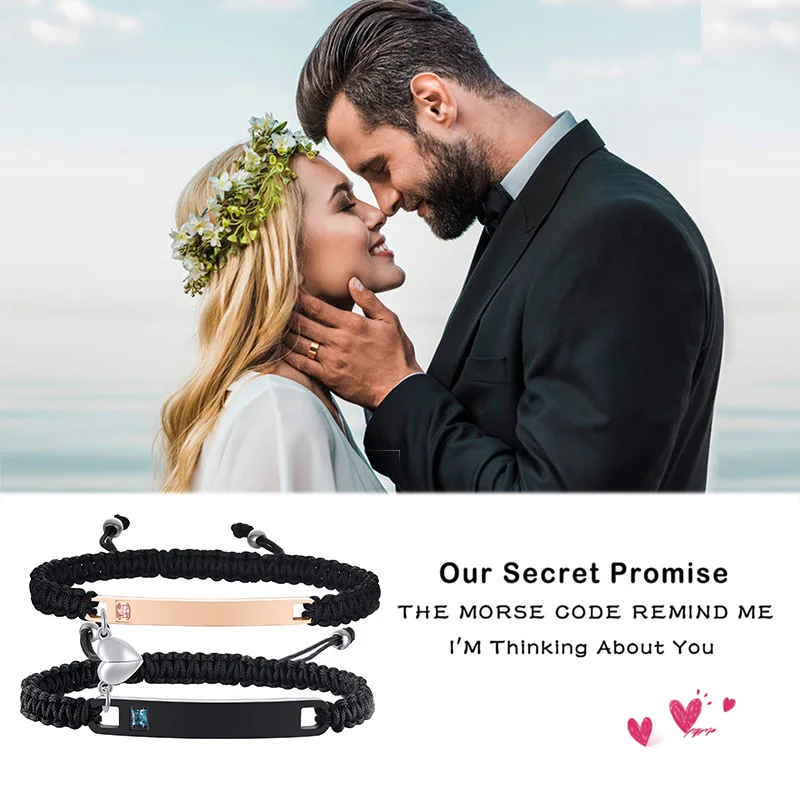 Matching Heart Promise Couples Personalized Bracelets, Custom Engraved Name ID Tag Bracelet, Valentines Day Gift view 6