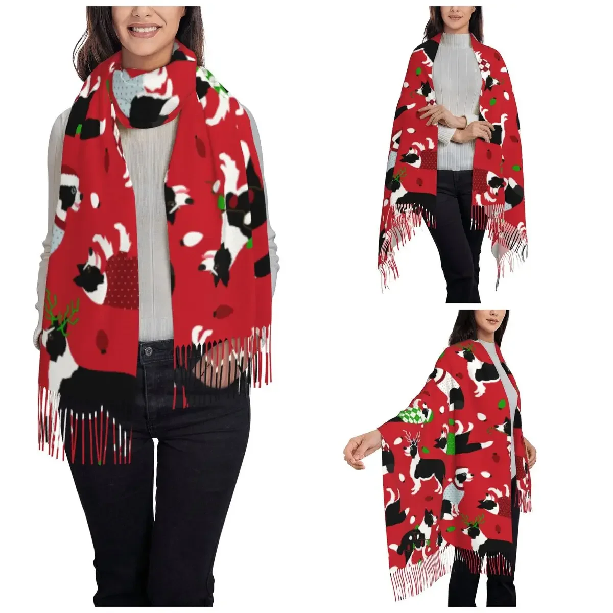 Christmas Border Collie Scarf for Womens Warm Winter Pashmina Shawl Wrap Long Large Shawl Scarf for Ladies