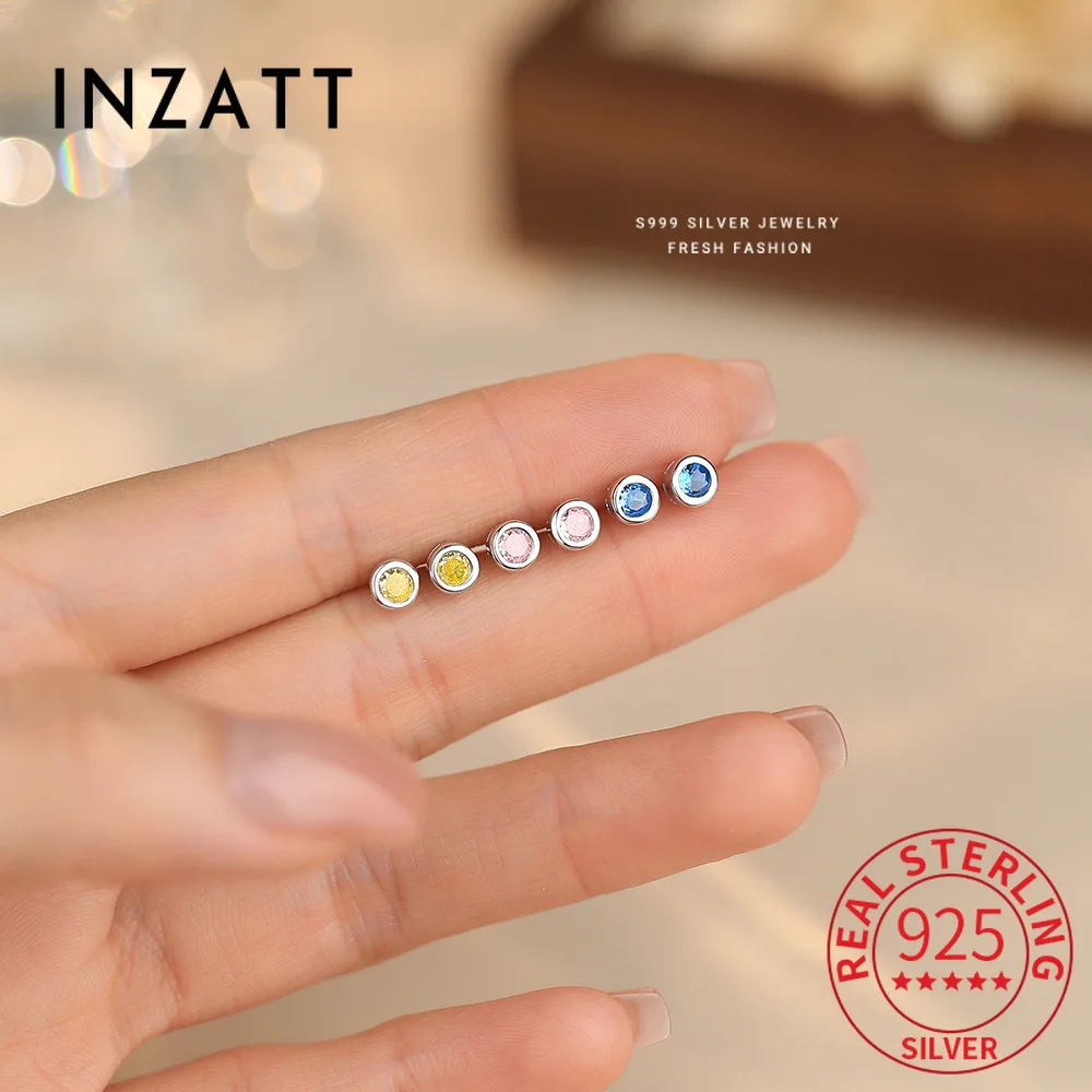 

INZATT Real 925 Sterling Silver Zircon Round Mini Stud Earrings for Women Classic Fine Jewelry Minimalist Accessories