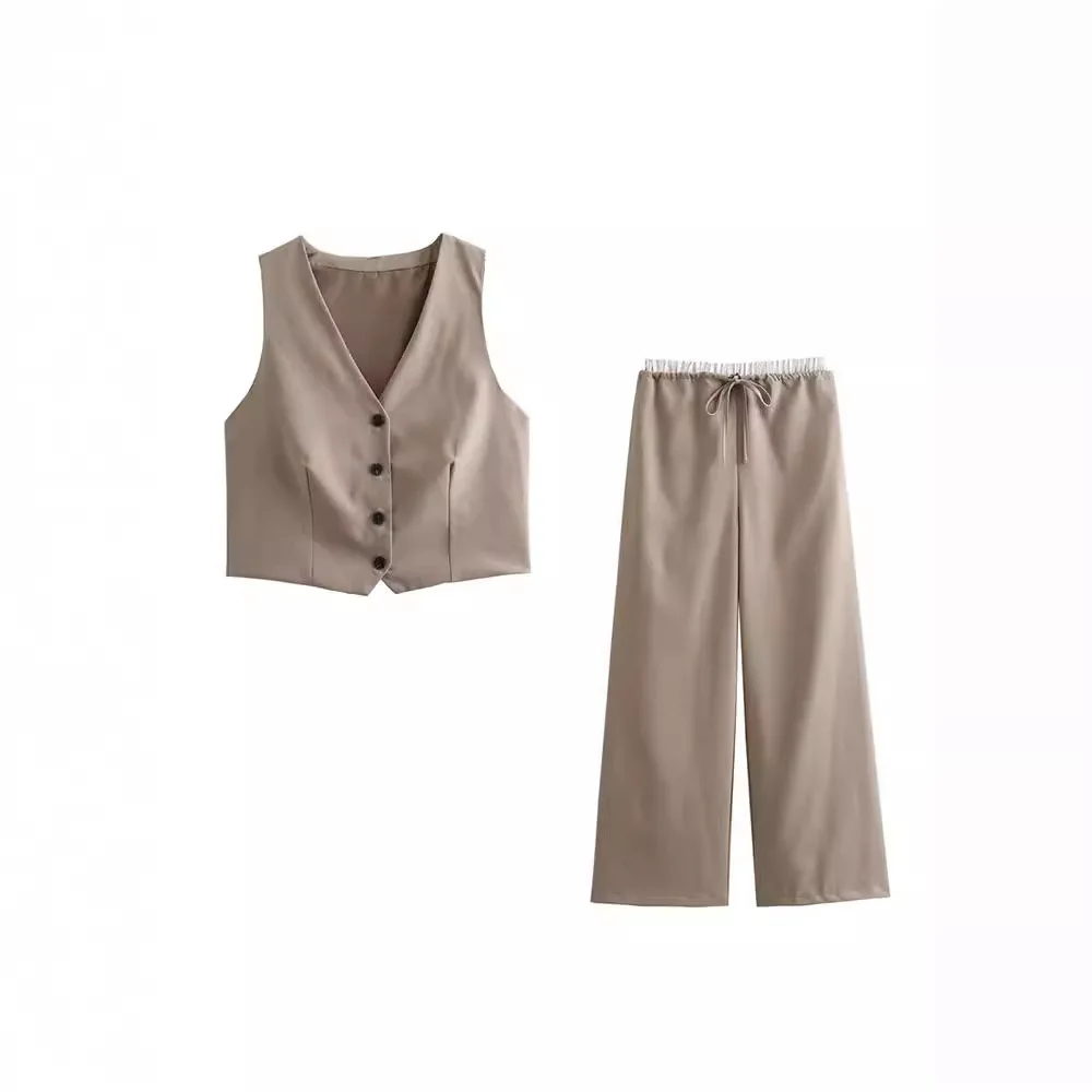 2024 Woman\'s Fashion Khaki Pants Sets V-Neck Sleeveless Vest+High Waist Elastic Waist Pockets Drawstring Pants Female Suit