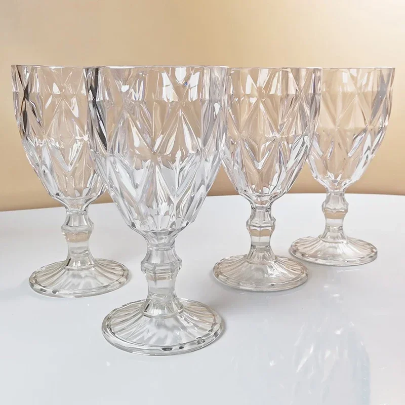 4PCS Plastic Wine Glass Cups Vintage Wine Cup 330ml Embossment Juice Drinking Cups Champagne Transparent Diamond Goblets Cups