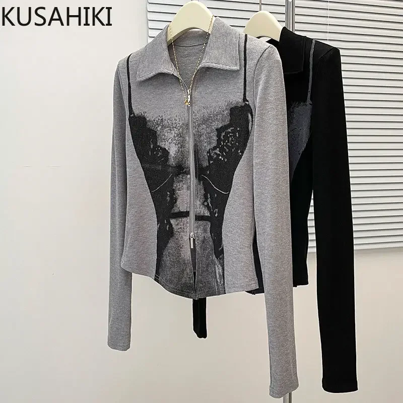 KUSAHIKI Autumn New Sexy Butterfly Print Slim Knit Sweater Top Spicy Girl Double Zipper Cardigan Long Sleeved T-shirt