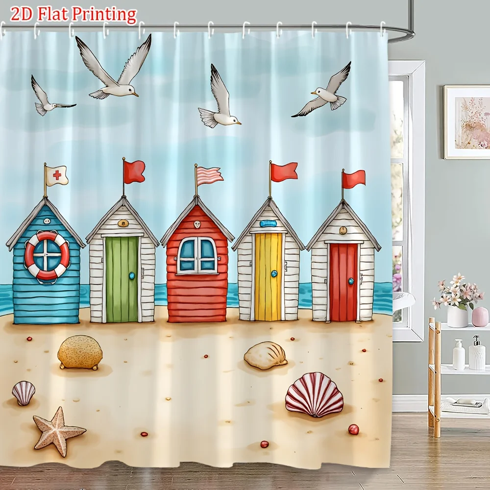 

Beach Hut Shower Curtain Coastal Scene with Seagulls Print Waterproof Polyester Bathroom Decor Bath Curtain