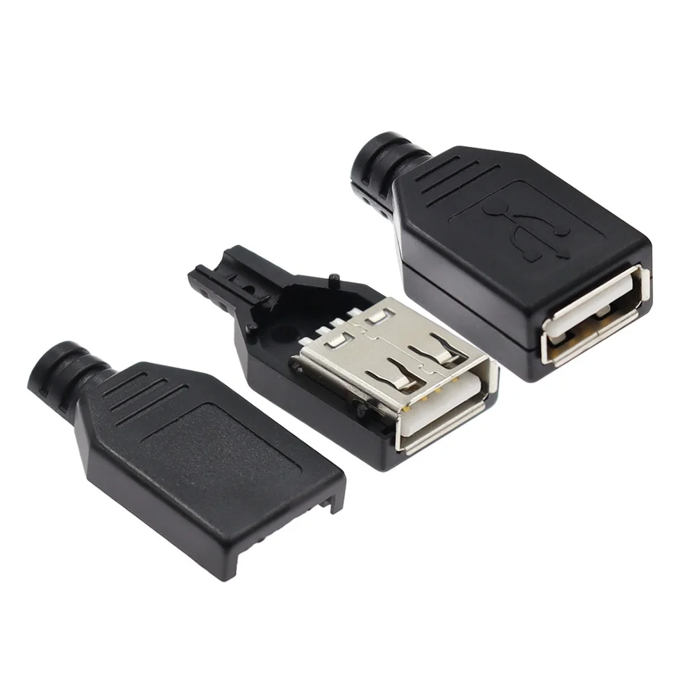 10 Stück USB-Buchsenkopf, dreiteiliges Set, Lötdraht, Typ A, 4-polig, mit schwarzem Kunststoffgehäuse, USB-Buchse