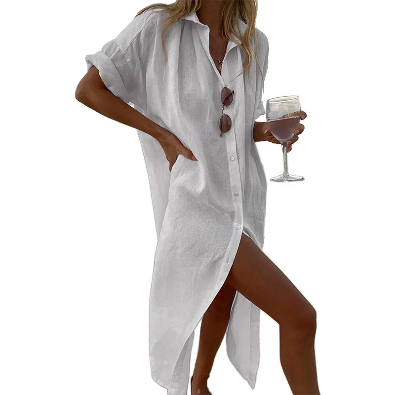 Vrouwen Cover Up Strand Badpakken Playa Badpak Voor Badkleding Vrouwen 2024 Tuniek Badkamer Effen Casual Lange Mouwen Medium