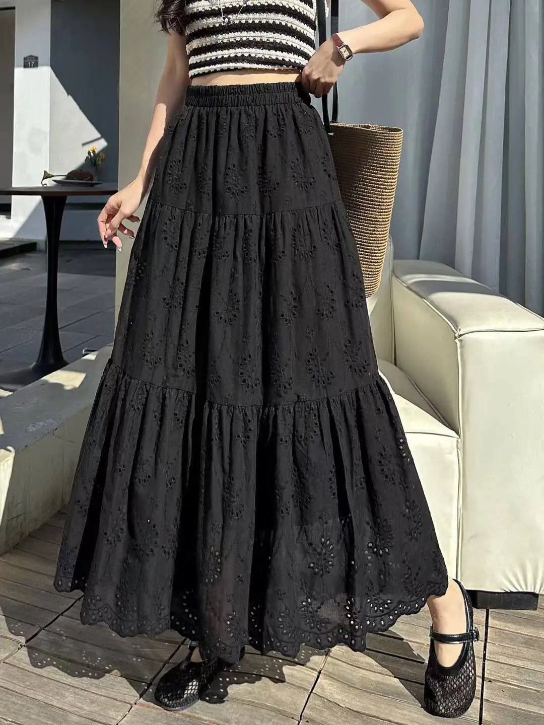Elegant High-Waist Embroidered Floral Hollow out Long Skirt Women's Summer 2026 New Style Slimming A-Line Midi Skirt