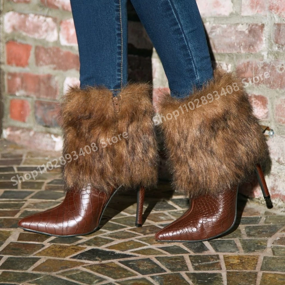 

Brown Feather Decor Short Boots Pointed Toe Leather Stone Print Thin High Heel Sexy Women Shoes 2025 Autumn Zapatos Para Mujere
