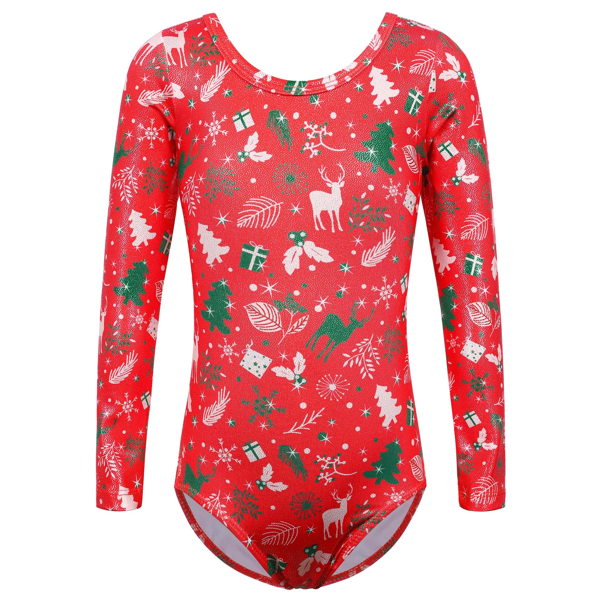 BAOHULU Christmas Print Gymnastics Leotard for Girls Gradient Performance Clothes Rhinestone Bodysuit Long Sleeve  Practice Wear