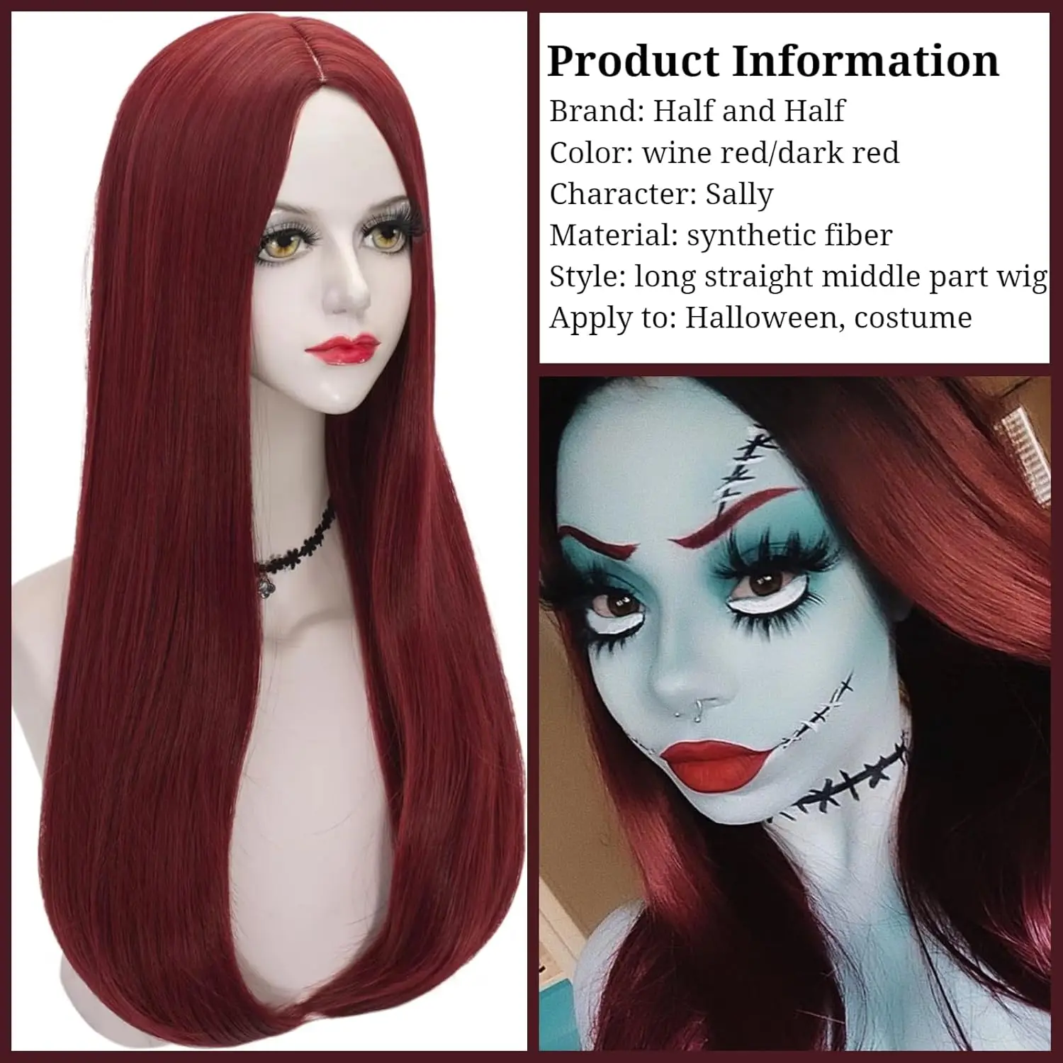 Sally Sally Costume Wigs for Women Long Straight Wine Red Wigs Sally Dark Red Wigs Synthetic Fiber Hair for Sally Costumes image 4