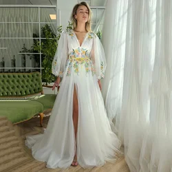 Fairy Boho Wedding Dresses Colorful Lace Embroidery Bride Dress Puff Long Sleeve Wedding Gowns V Neck Split Side Robe de mariee