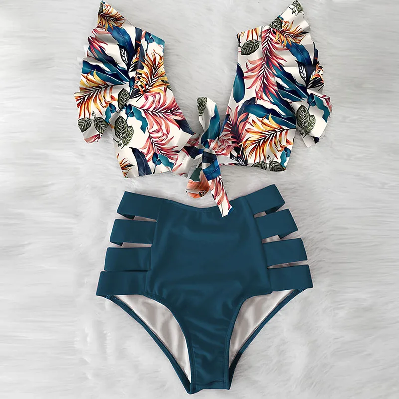 2025 Conjunto de Bikini estilo vendaje de cintura alta para mujer, Bikinis con volantes y estampado Floral, Bikini brasileño con tiras de realce, traje de baño