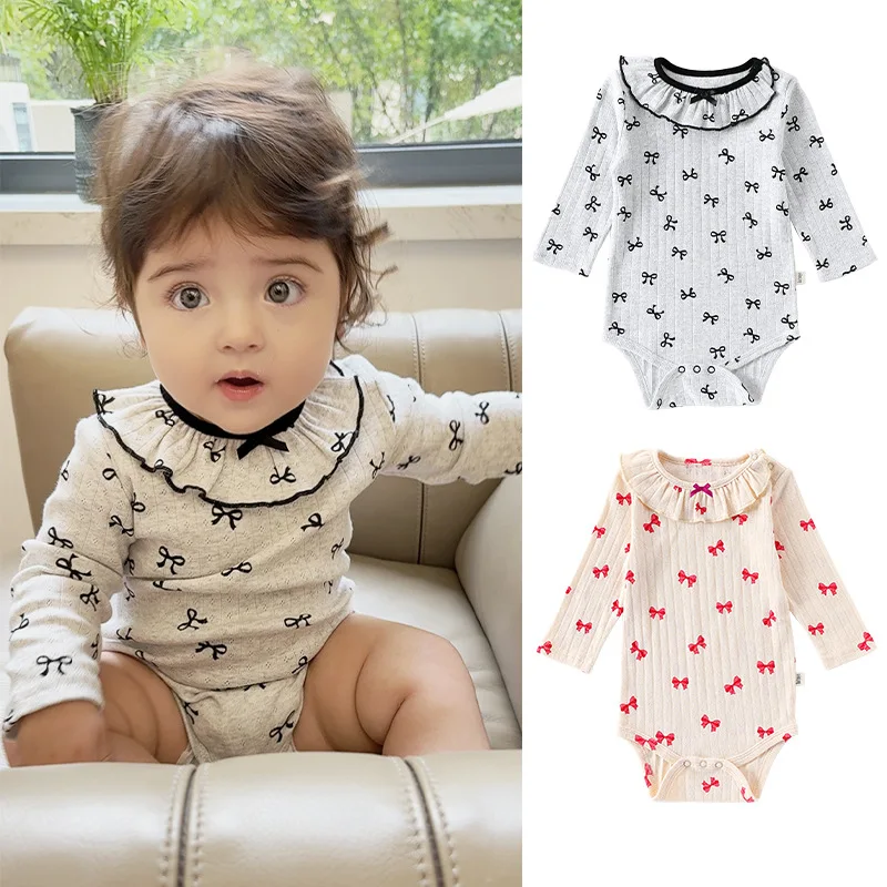 

Baby Girls Pure Cotton Bodysuit Newborn Cute Bow Print Long Sleeve Ruffle Neck Onesie Infant One-piece Rompers Toddler Clothing