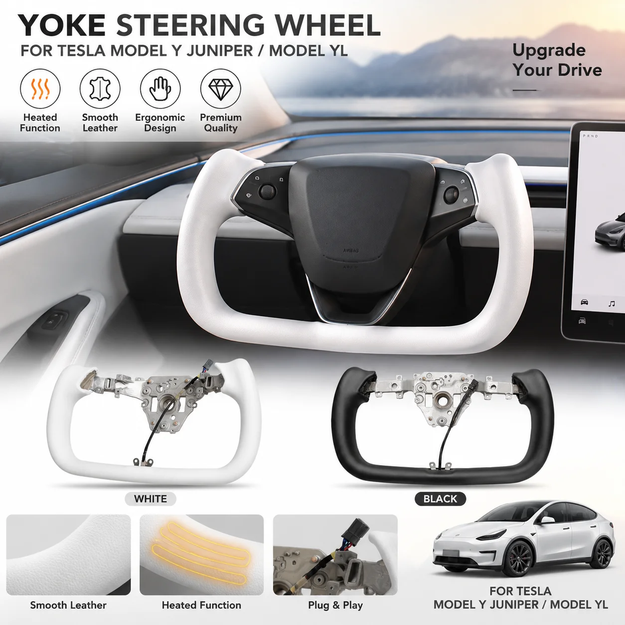 Image of 350mm Beheiztes Sportlenkrad mit Yoke-Griff für Tesla New Model Y Juniper 2025~2027 für Model YL, glattes Leder, beheiztes Yoke-Lenkrad