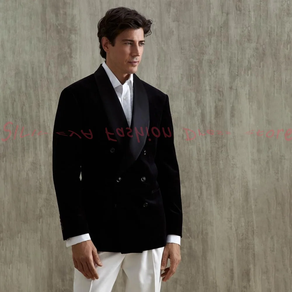 

Double Breasted Black Velvet Men's Suit White Pants Chic Outfits Formal Oaccsion Male Blazer Set Trajes Para Hombre
