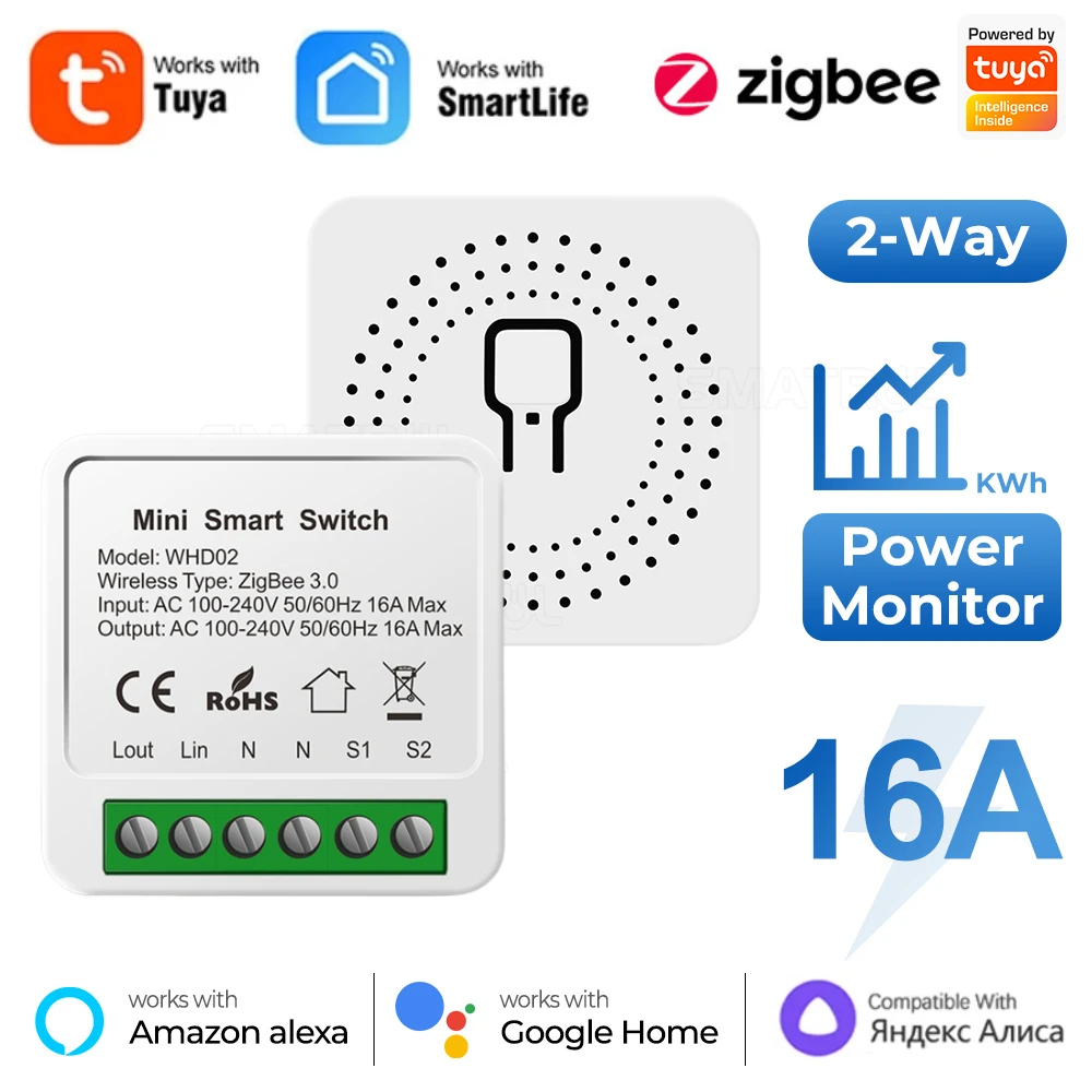 Tuya Zigbee WiFi Mini Smart Switch Module 16A 2Way Control Smart Life APP Voice Control Works with Alexa Alice Google Home