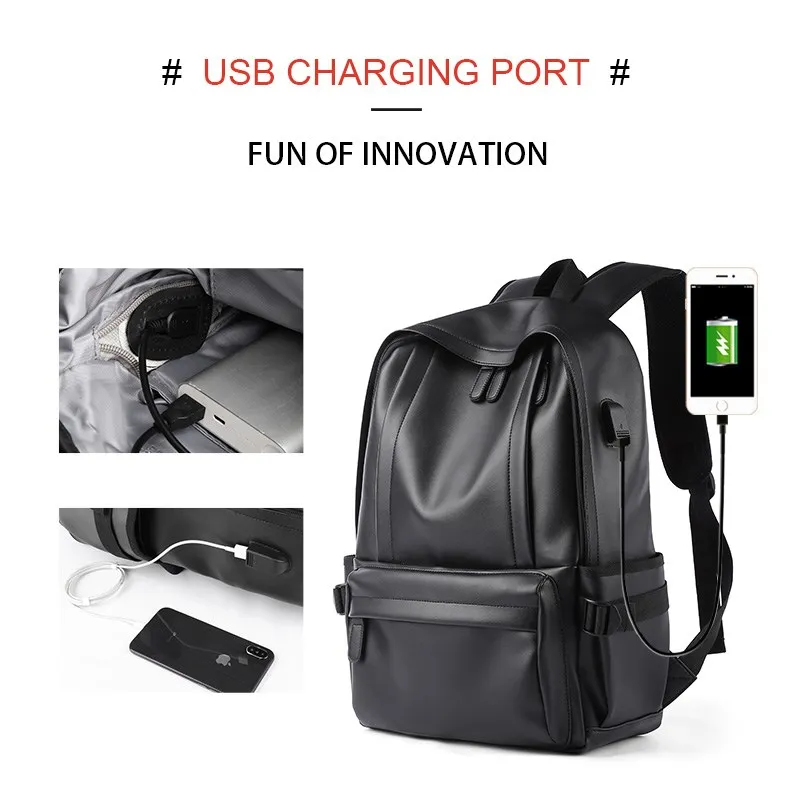 2023 Mochila masculina de couro à prova d'água 14 polegadas mochilas para laptop com USB para adolescentes bolsas de viagem esporte masculino